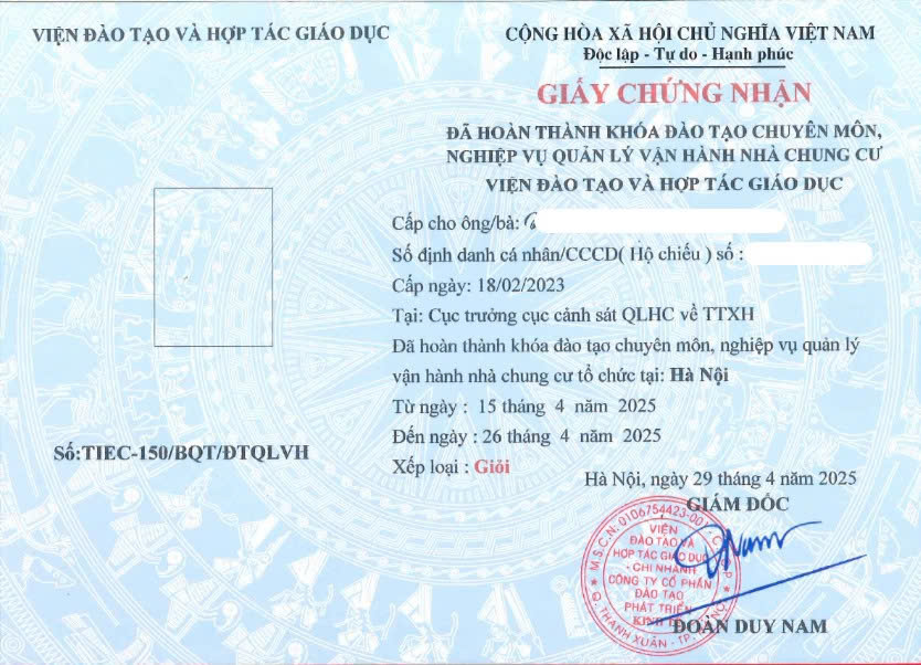 Mẫu chứng chỉ nghiệp vụ quản lý vận hành chung cư